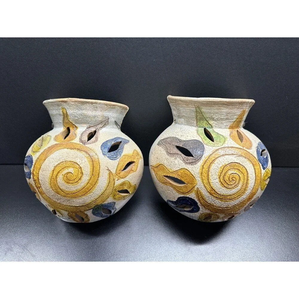 Mexican Folk Art Pottery Handpainted Wall Pocket Flower Pot Set Of 2